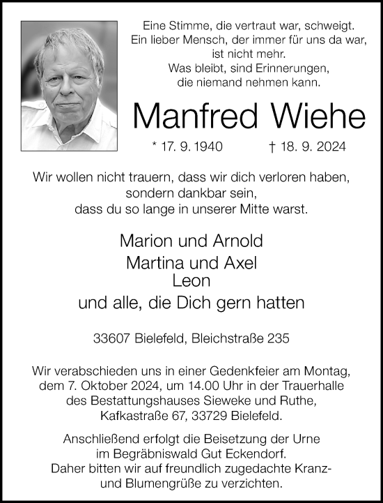 Traueranzeige von Manfred Wiehe von Neue Westfälische