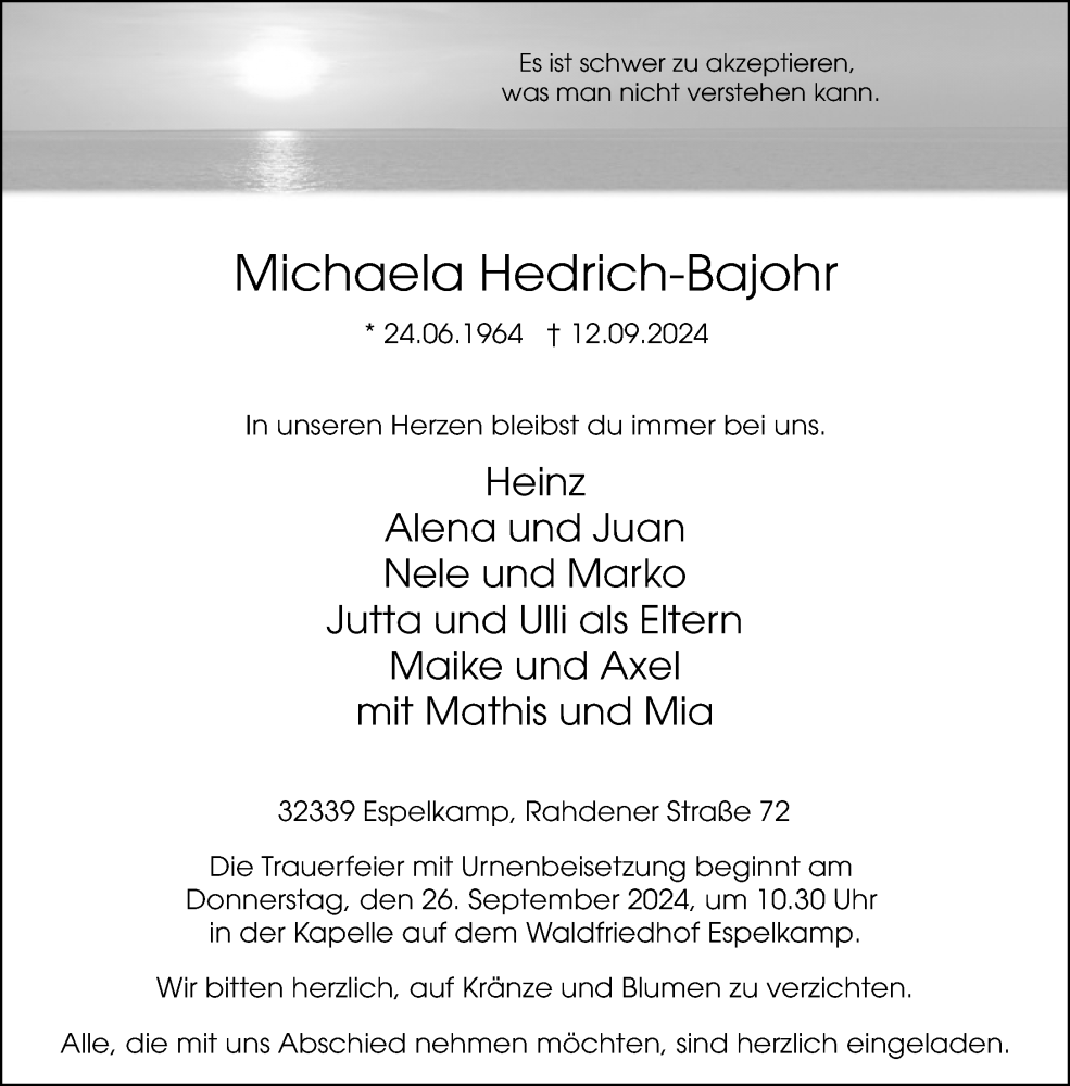  Traueranzeige für Michaela Hedrich-Bajohr vom 21.09.2024 aus Neue Westfälische