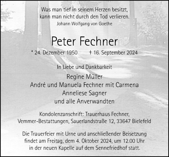 Traueranzeige von Peter Fechner von Neue Westfälische