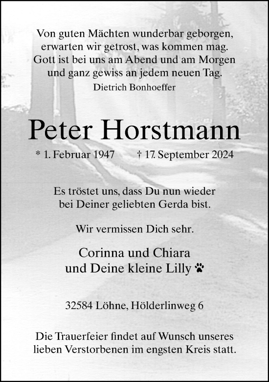 Traueranzeige von Peter Horstmann von Neue Westfälische