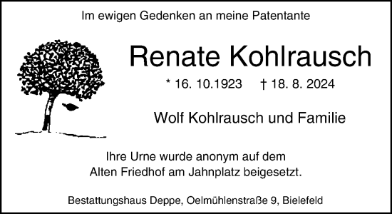 Traueranzeige von Renate Kohlrausch von Neue Westfälische