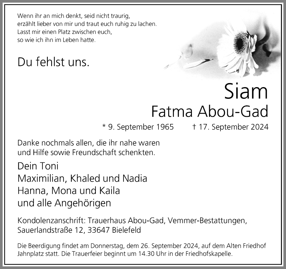  Traueranzeige für Siam Fatma Abou-Gad vom 21.09.2024 aus Neue Westfälische