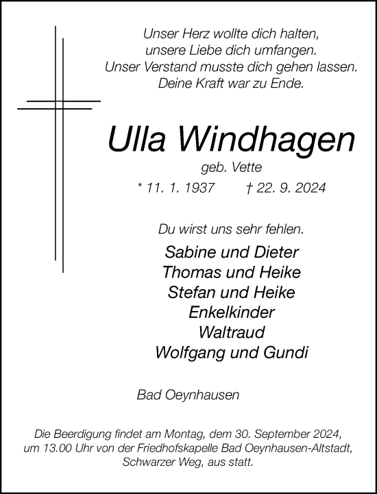 Traueranzeige von Ulla Windhagen von Neue Westfälische