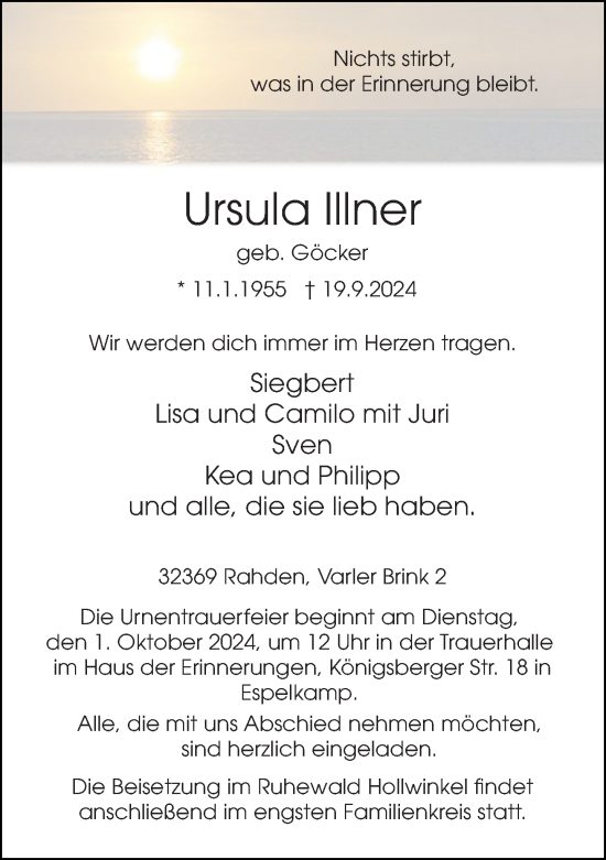 Traueranzeige von Ursula Illner von Neue Westfälische