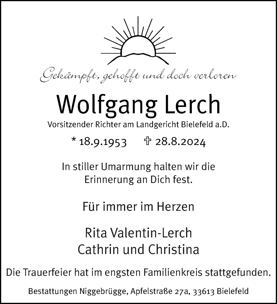  Traueranzeige für Wolfgang Lerch vom 07.09.2024 aus Neue Westfälische