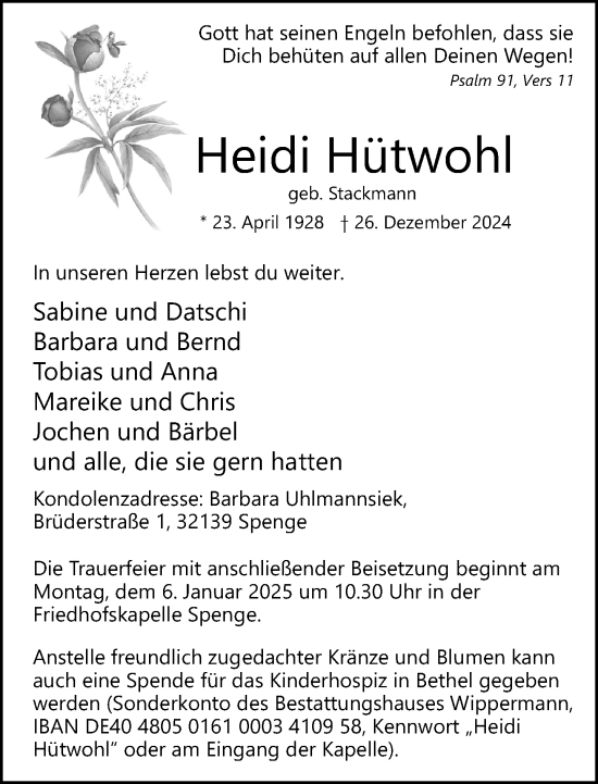 Traueranzeige von Heidi Hütwohl von Neue Westfälische