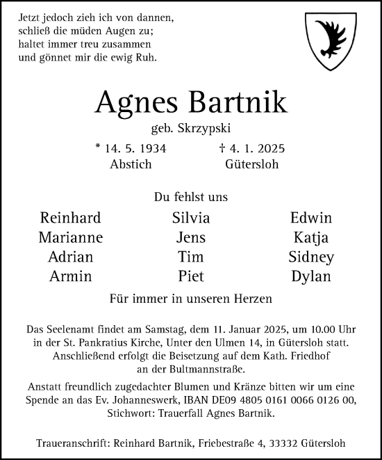 Traueranzeige von Agnes Bartnik von Neue Westfälische