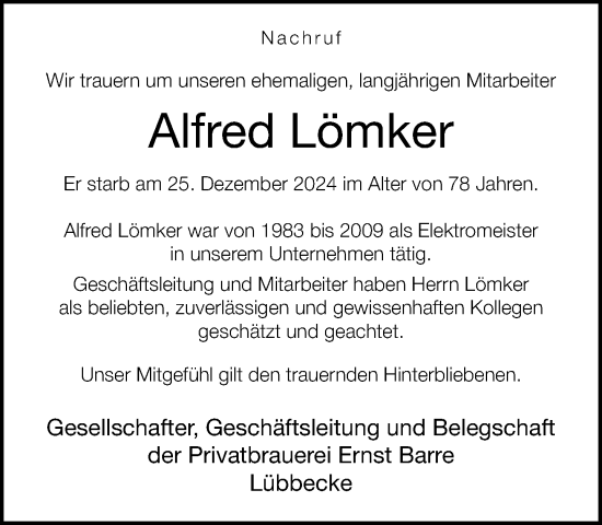 Traueranzeige von Alfred Lömker von Neue Westfälische