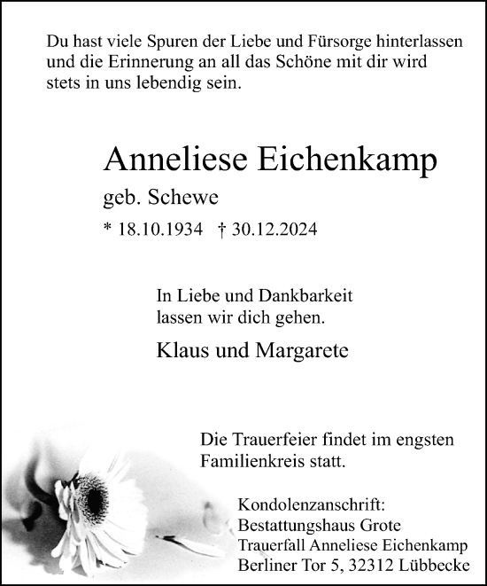 Traueranzeige von Anneliese Eichenkamp von Neue Westfälische