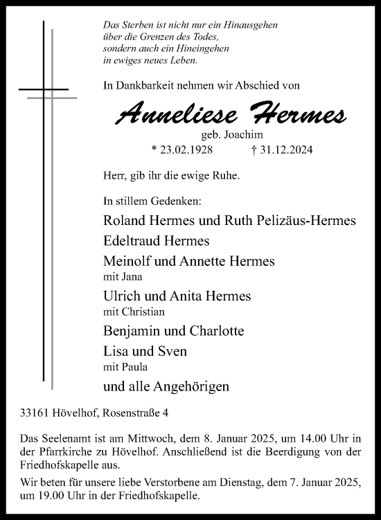 Traueranzeige von Anneliese Hermes von Neue Westfälische