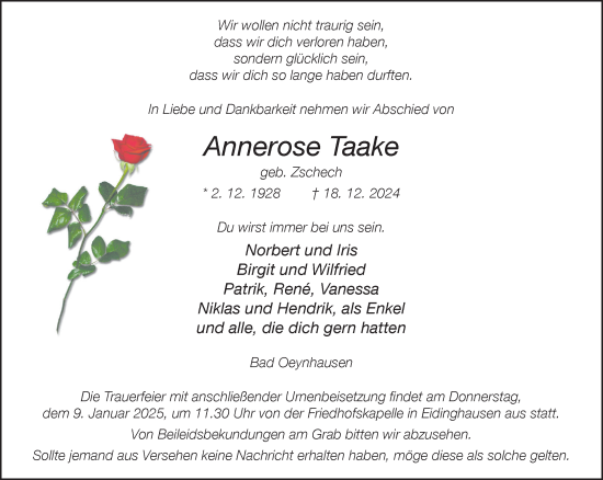 Traueranzeige von Annerose Taake von Neue Westfälische