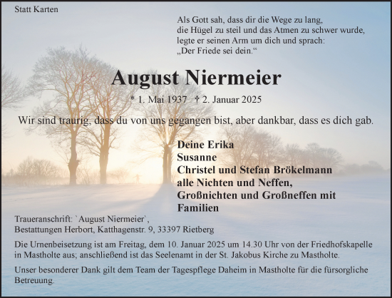 Traueranzeige von August Niermeier von Neue Westfälische