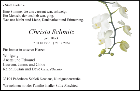 Traueranzeige von Christa Schmitz von Neue Westfälische