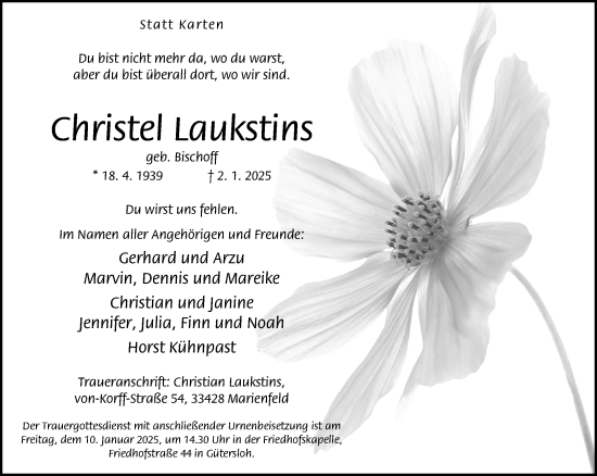 Traueranzeige von Christel Laukstins von Neue Westfälische