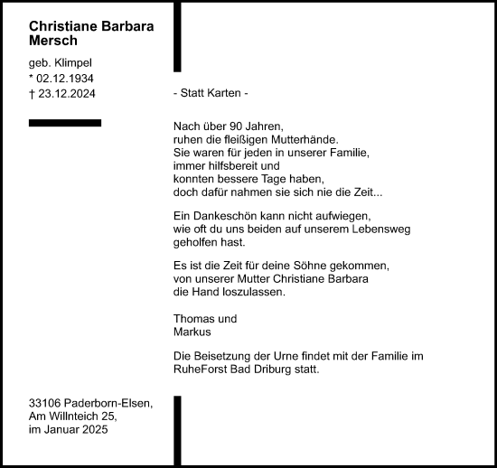 Traueranzeige von Christiane Barbara Mersch von Neue Westfälische