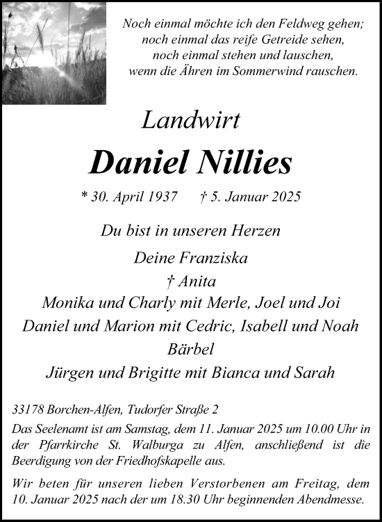 Traueranzeige von Daniel Nillies von Neue Westfälische