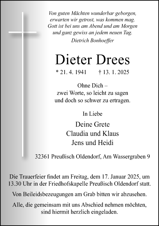 Traueranzeige von Dieter Drees von Neue Westfälische