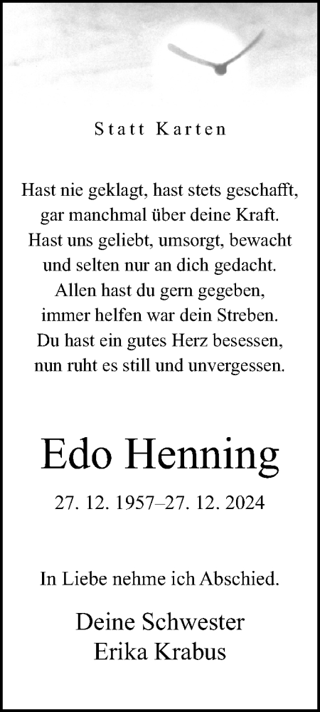 Traueranzeige von Edo Henning von Neue Westfälische