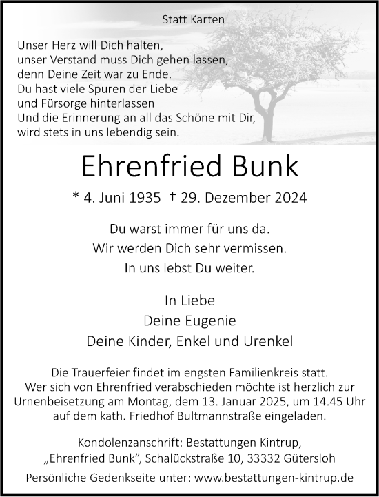 Traueranzeige von Ehrenfried Bunk von Neue Westfälische