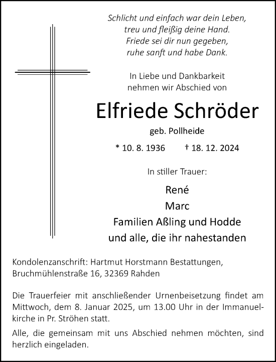 Traueranzeige von Elfriede Schröder von Neue Westfälische