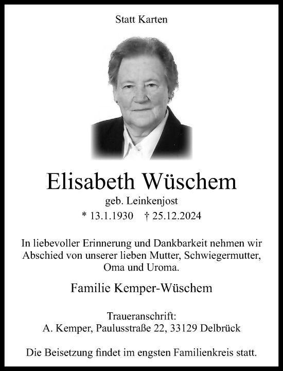 Traueranzeige von Elisabeth Wüschem von Neue Westfälische