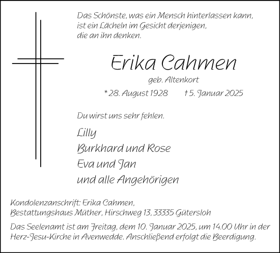 Traueranzeige von Erika Cahmen von Neue Westfälische