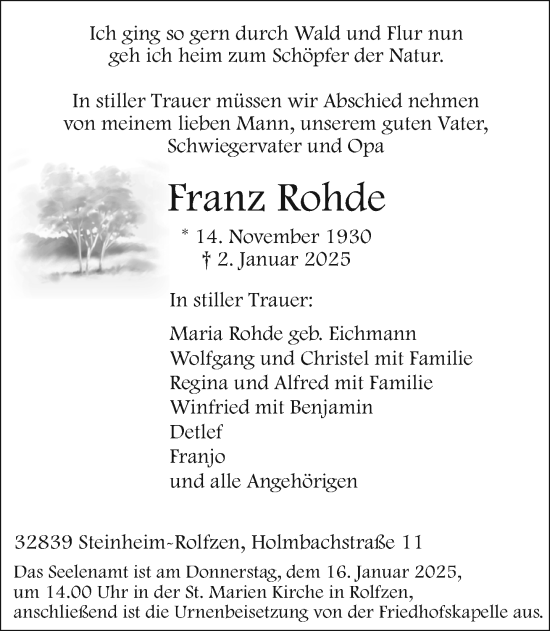 Traueranzeige von Franz Rohde von Neue Westfälische