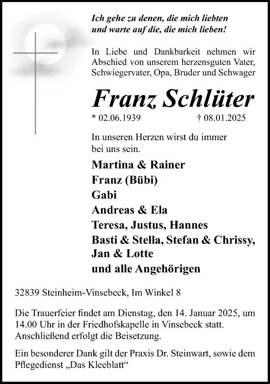 Traueranzeige von Franz Schlüter von Neue Westfälische