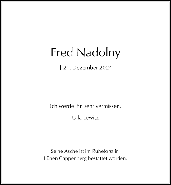 Traueranzeige von Fred Nadolny von Neue Westfälische