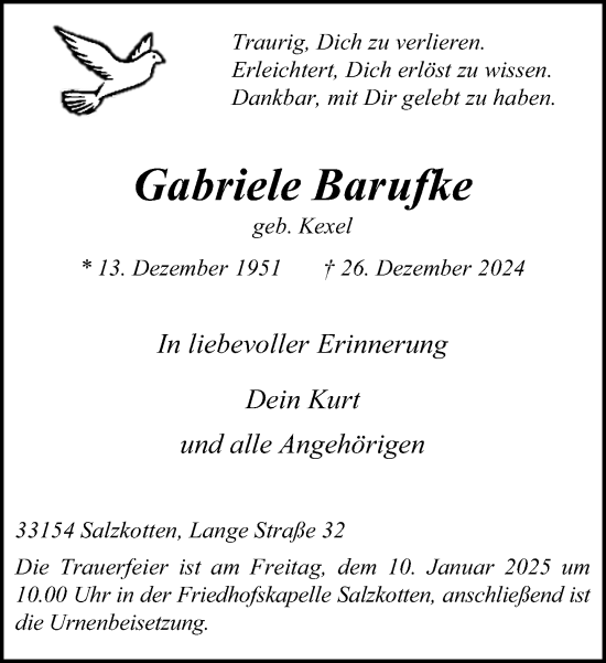 Traueranzeige von Gabriele Barufke von Neue Westfälische