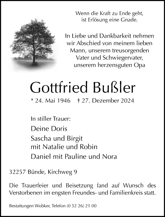 Traueranzeige von Gottfried Bußler von Neue Westfälische