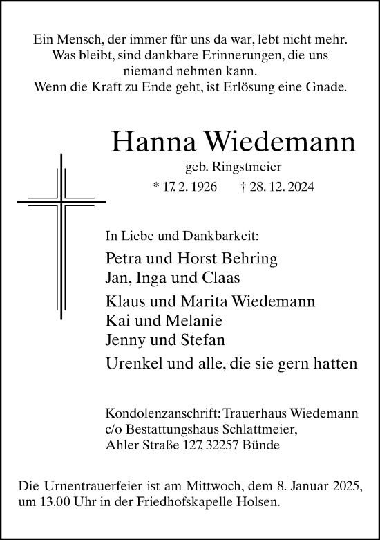 Traueranzeige von Hanna Wiedemann von Neue Westfälische