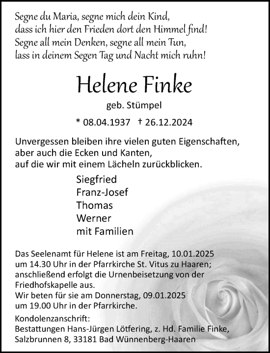 Traueranzeige von Helene Finke von Neue Westfälische