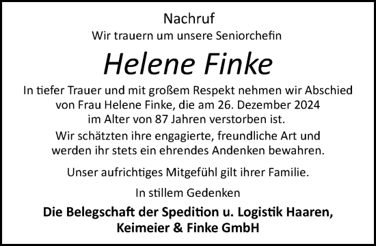 Traueranzeige von Helene Finke von Neue Westfälische