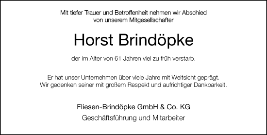 Traueranzeige von Horst Brindöpke von Neue Westfälische