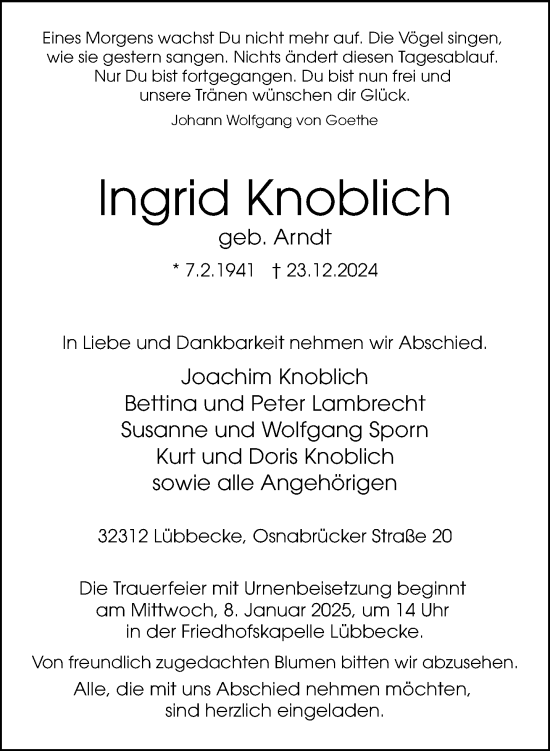 Traueranzeige von Ingrid Knoblich von Neue Westfälische