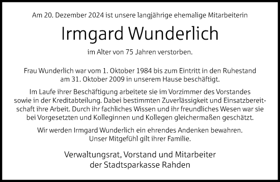 Traueranzeige von Irmgard Wunderlich von Neue Westfälische