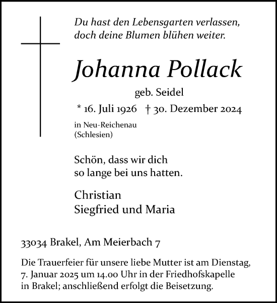 Traueranzeige von Johanna Pollack von Neue Westfälische