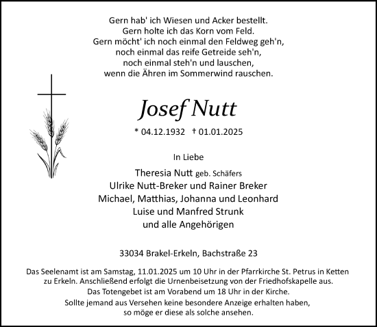 Traueranzeige von Josef Nutt von Neue Westfälische