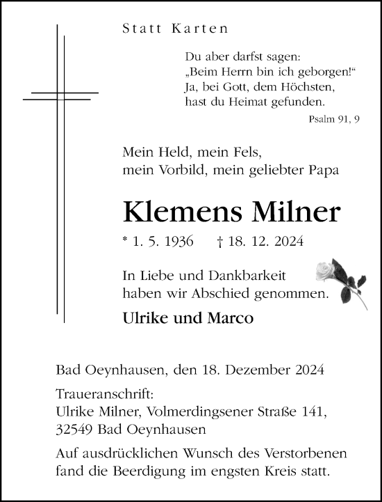 Traueranzeige von Klemens Milner von Neue Westfälische