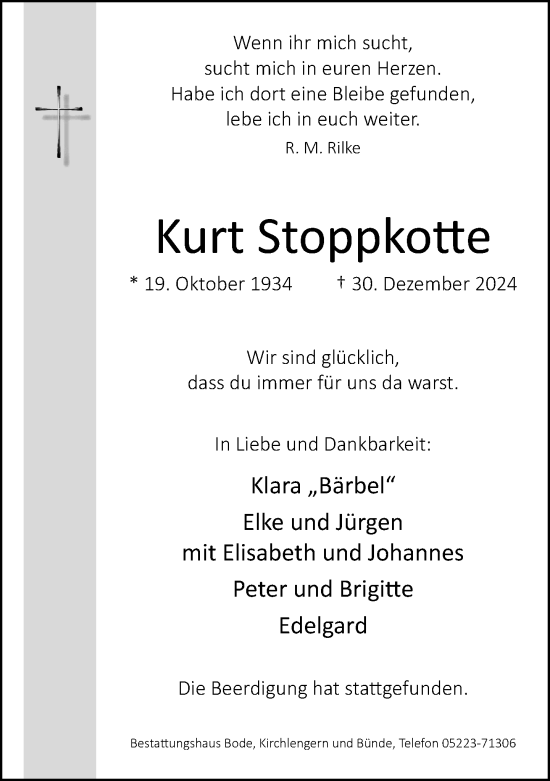 Traueranzeige von Kurt Stoppkotte von Neue Westfälische