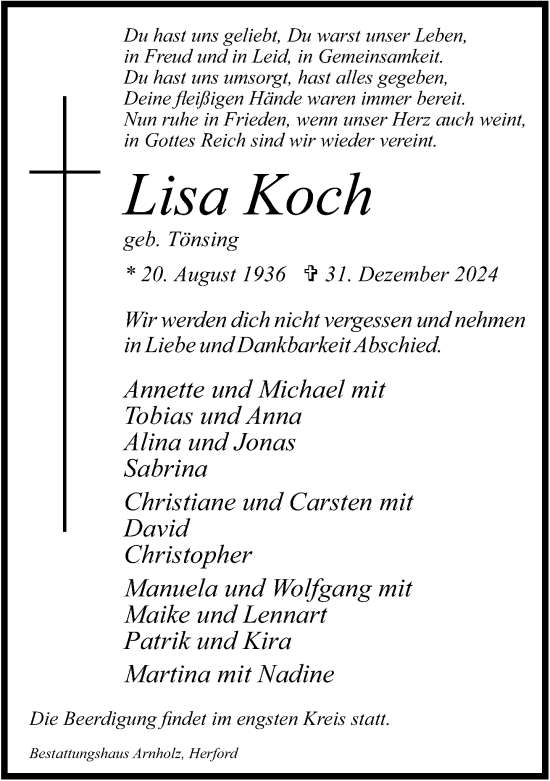 Traueranzeige von Lisa Koch von Neue Westfälische