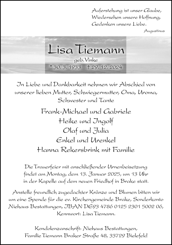 Traueranzeige von Lisa Tiemann von Neue Westfälische