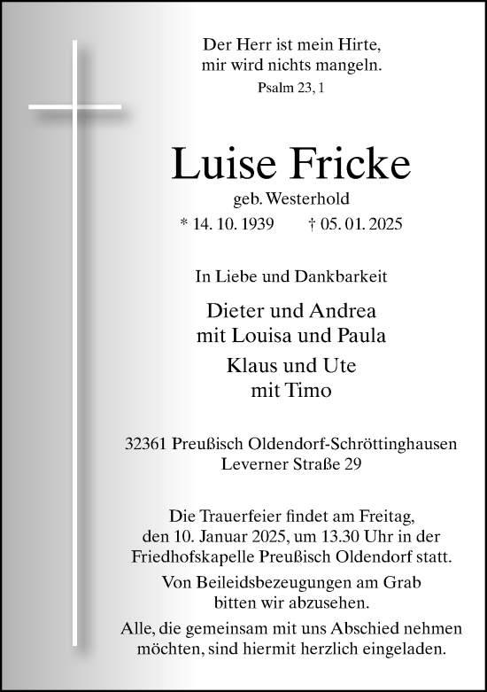 Traueranzeige von Luise Fricke von Neue Westfälische