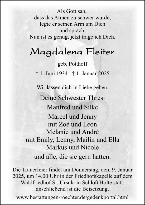 Traueranzeige von Magdalena Fleiter von Neue Westfälische