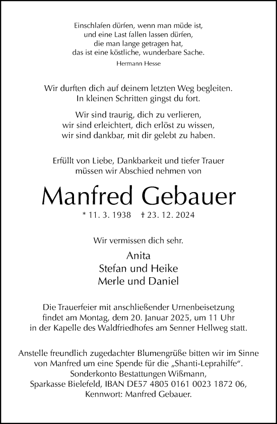 Traueranzeige von Manfred Gebauer von Neue Westfälische