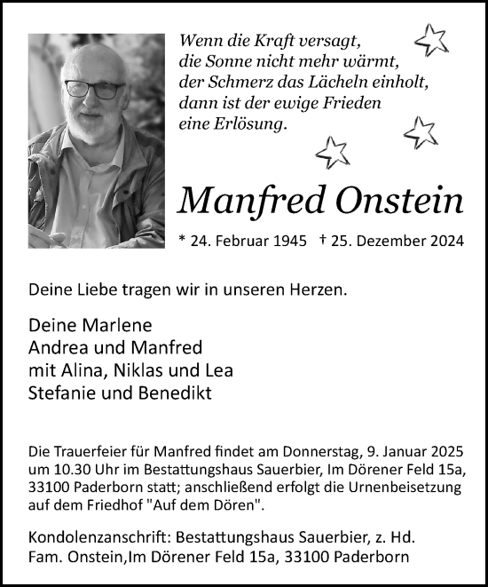 Traueranzeige von Manfred Onstein von Neue Westfälische