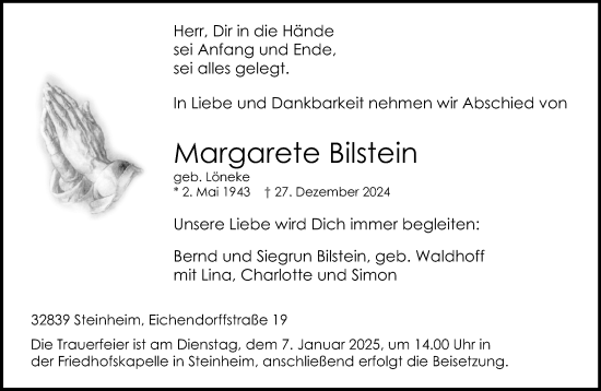 Traueranzeige von Margarete Bilstein von Neue Westfälische