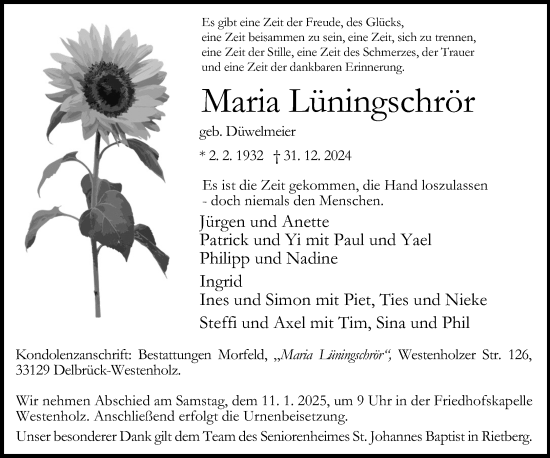 Traueranzeige von Maria Lüningschrör von Neue Westfälische