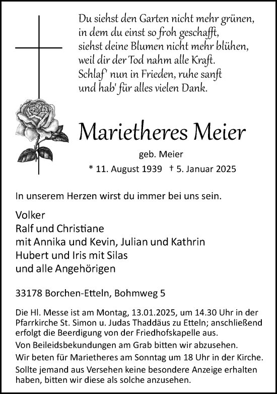 Traueranzeige von Marietheres Meier von Neue Westfälische